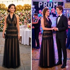 BCBGMaxAzaria Silk Trim Halter Lace Mesh Prom Wedding Guest Gothcore Dress Size0